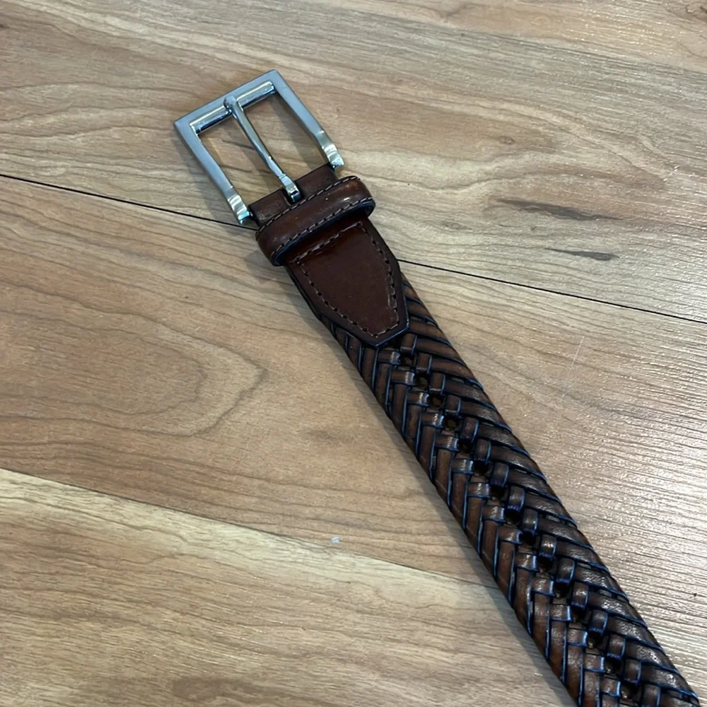 Brown woven leather belt with silver buckle size 38
